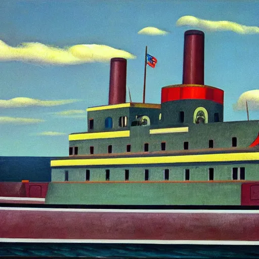 Prompt: robot bishop guards, human prisoners, art deco steamliner prison barge, end times, grant wood, pj crook, edward hopper, oil on canvas