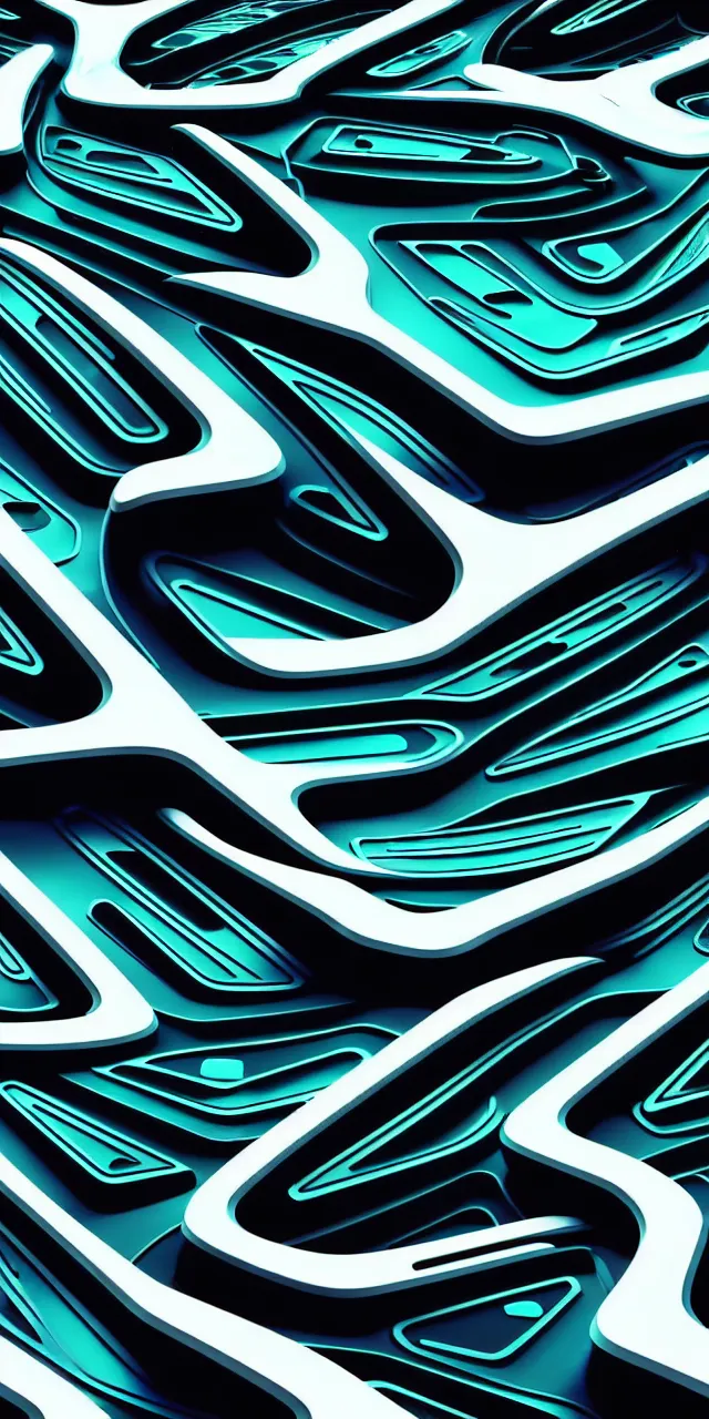 Prompt: A seamless pattern of a futuristic sci-fi concept car by zaha hadid ash thorp khyzyl saleem, futuristic car, Blade Runner 2049 film, TRON, large patterns, Futuristic, Symmetric, keyshot product render, plastic ceramic material, shiny gloss water reflections, High Contrast, metallic polished surfaces, seamless pattern, white , grey, black and aqua colors, Octane render in Maya and houdini, vray, ultra high detail ultra realism, unreal engine, 4k in plastic dark tilt shift