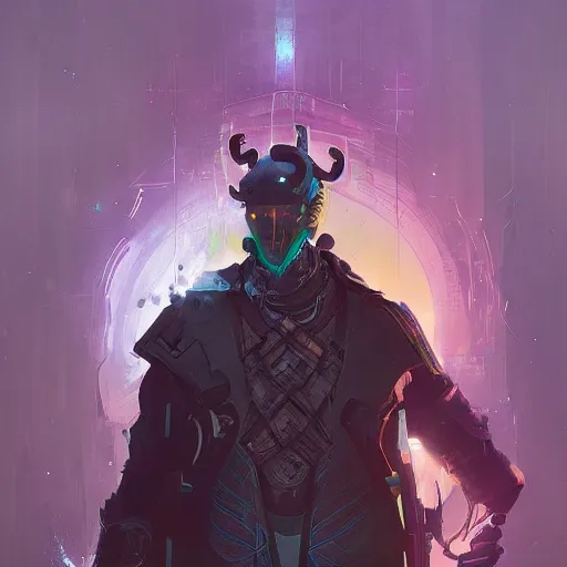 Image similar to cyber-warlock character portrait, fantasy, D&D, by Ismail Inceoglu