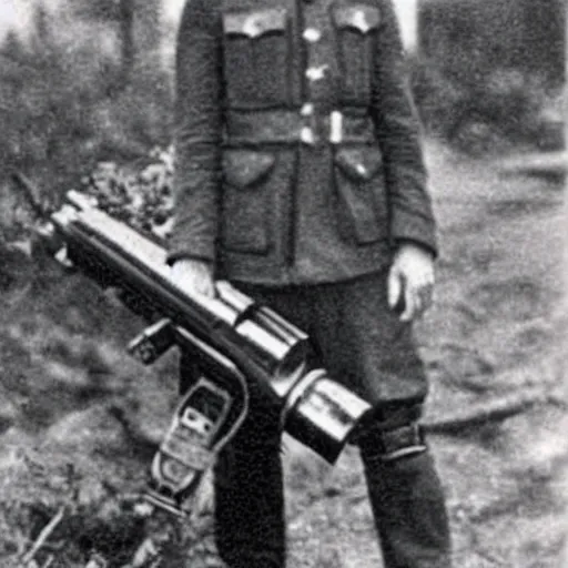 Image similar to old wartime photograph of elon musk holding a lewis gun, 1 9 1 7