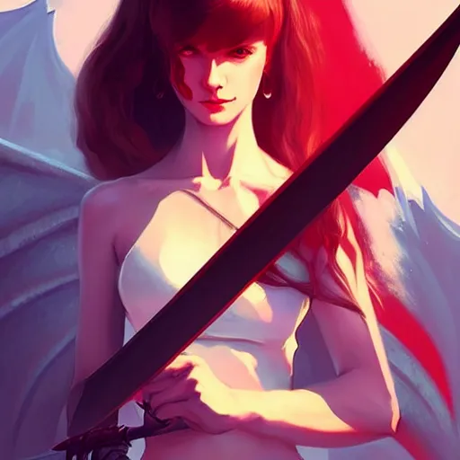 Image similar to a woman holding a sword with a dragon on it, concept art by Ilya Kuvshinov, contest winner, fantasy art, official art, concept art, high detail, experimental, high quality, hyperrealistic, 4k