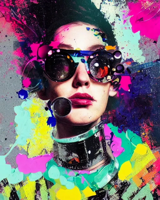 Prompt: a punk girl wearing circular glasses, wearing a choker, side portrait, defiant, passionate, spotlight, paint drips, glitching paint splatter, vibrant colors, dramatic, brush strokes, collage, futuristic clothing, digital painting, by marco paludet, by jeremy mann, by hannah hoch