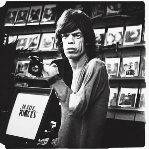 Prompt: mick jagger working in a record store in 1 9 6 9, polaroid photo, artistic, realistic, snapshot, gritty, portrait