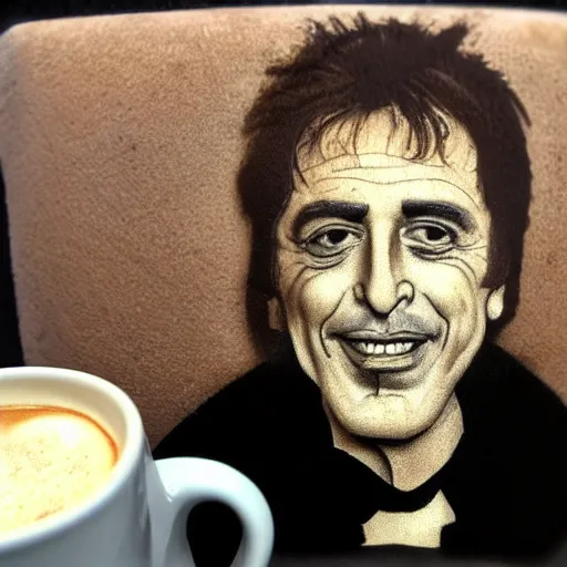 Image similar to al pacino's face made of milk foam in a cup of cappuccino, high detail