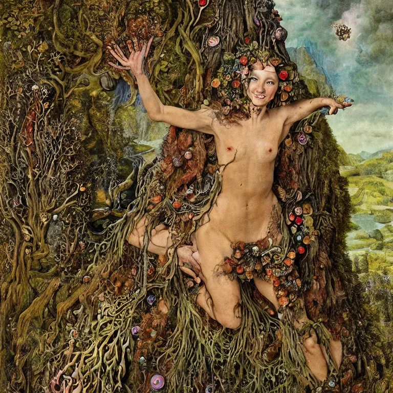 Image similar to a grinning druid dryad with goat pupils transforming herself into a mad beast. her skin is covered in scales and feathers. landscape with mountains, river and night sky. painted by jan van eyck, max ernst and ernst haeckel, trending on artstation, 8 k, award winning, hard lighting, fashion editorial