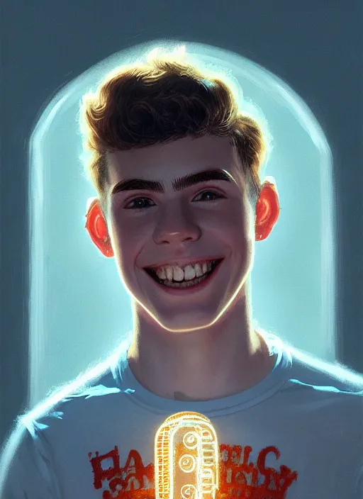 Image similar to portrait of teenage archie andrews, freckles, curly middle part haircut, curly hair, smiling kindly, intricate, elegant, glowing lights, highly detailed, digital painting, artstation, concept art, smooth, sharp focus, illustration, art by wlop, mars ravelo and greg rutkowski