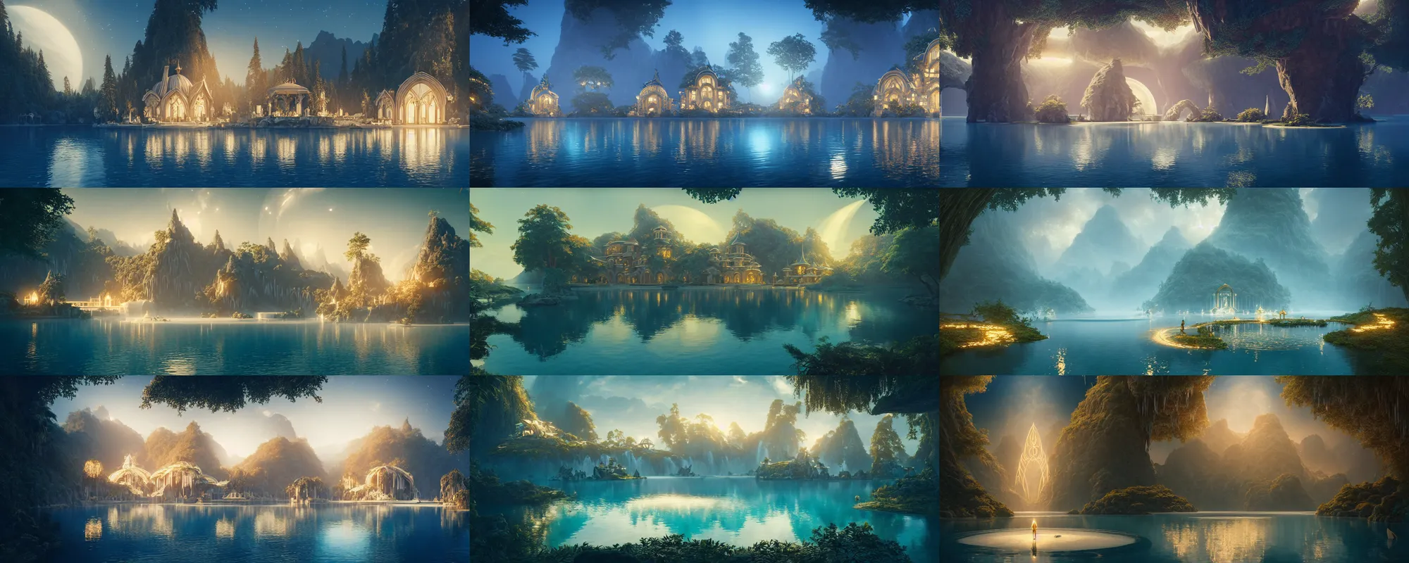 Image similar to a gorgeous symmetrical paradise palace, starlit, lakes, fantasy, fairy tale, artstation, matte painting, artstation, octane render, caleb worcester, samuel beal, white, deep blue and light gold color scheme.