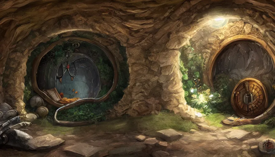 Image similar to concept art of the inside of a comfortable hobbit - hole, digital art, trending on artstation