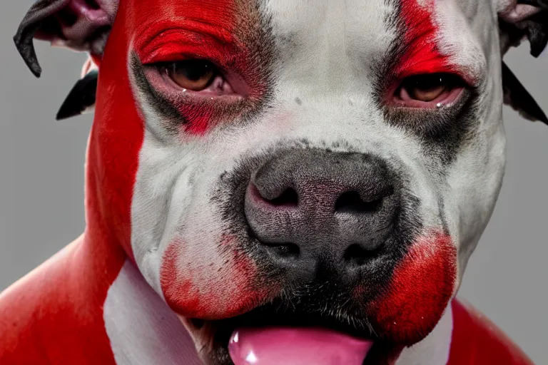 Image similar to an angry pit bull wearing clown makeup and a red rubber nose, 4 k, hdr color