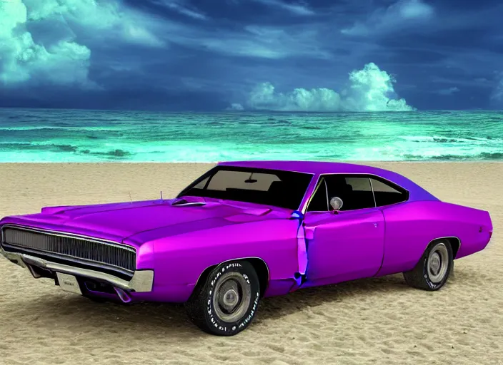 Image similar to hyperrealism, detailed textures, photorealistic 3 d render, a dreamy beach in cuba, a 1 9 7 0 hemi charger with plum crazy purple colour scheme, sharp focus, ultra realistic, ultra high pixel detail, cinematic, intricate, cinematic light, concept art, illustration, art station, unreal engine 8 k