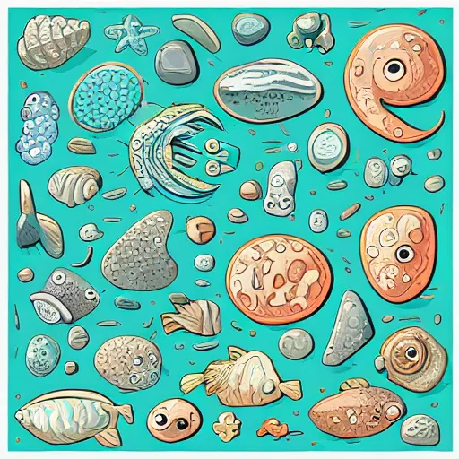 Image similar to Stones from the seabed, Anthropomorphic, highly detailed, colorful, illustration, smooth and clean vector curves, no jagged lines, vector art, smooth