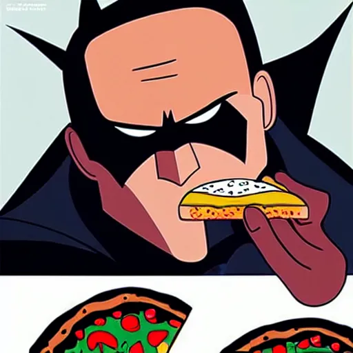 Image similar to batman caught eating a pizza,photorealistic,trending on instagram,detailed face