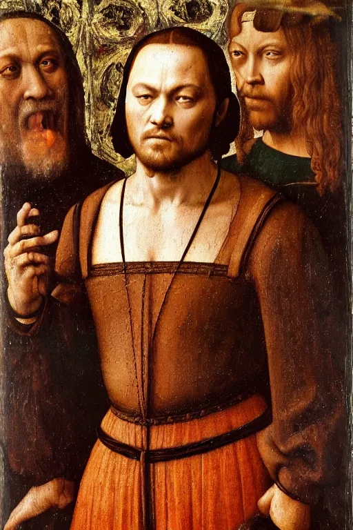 Image similar to 1 4 0 0 s renaissance portrait of leonardo dicaprio oil painting by jan van eyck, northern renaissance art, oil on canvas, wet - on - wet technique, realistic, expressive emotions, intricate textures, illusionistic detail