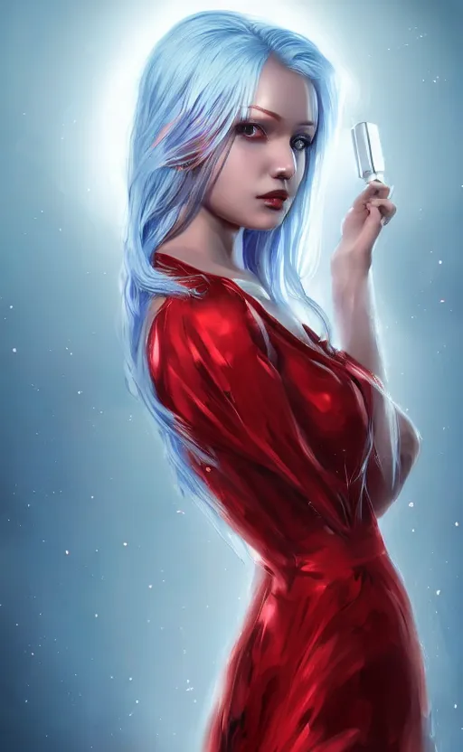 Image similar to the prettiest woman with silver blue hair, in a red and white dress portrait, dynamic lighting, fantasy concept art, trending on art station, stunning visuals, creative, cinematic, ultra detailed, ray tracing, sun rays, hyper realistic