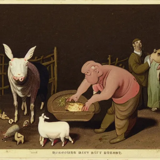 Image similar to butcher feeding a cat, while being watched by a pig, a sheep, a chicken and a cow