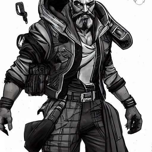 Prompt: concept art character, very high angle view, book cover, very attractive man with beard, walking in cyberpunk valley highly detailed full body, strong masculine features, sturdy body, command presence, royalty, smooth, sharp focus, organic, appealing, book cover, deep shadows, borderlands 3 style, extremely fine inking lines