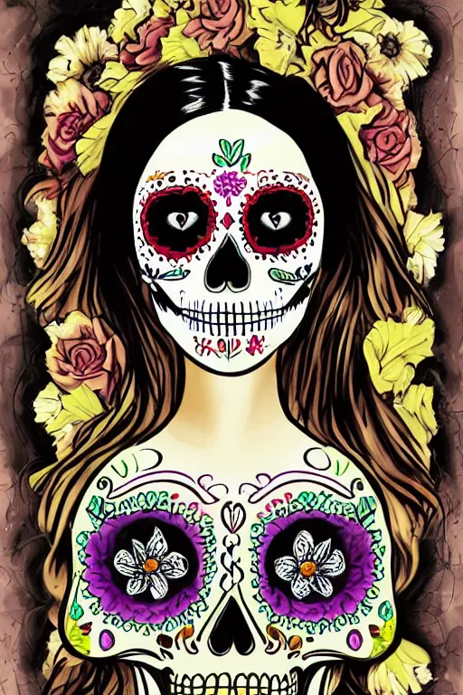 Prompt: illustration of a sugar skull day of the dead girl, art by denis villeneuve