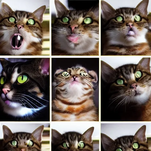 Image similar to a cat laughing from multiple angles collage photo, meme format,