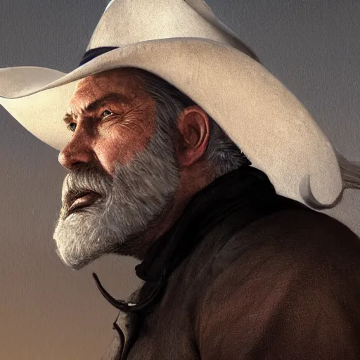 Image similar to cowboy, old, white beard, wrinkles, handsome, action pose, katana, profile, intricate, detailed, volumetric lighting, scenery, digital painting, highly detailed, artstation, sharp focus, illustration, concept art, ruan jia, steve mccurry