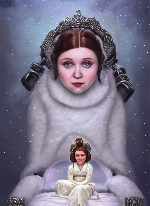 Prompt: highly detailed closeup portrait of a snow, ice princess as princess leia sitting on a throne surrounded by fluffy bears, nicoletta ceccoli, mark ryden, lostfish, earl nore, global illumination, god rays, detailed and intricate environment