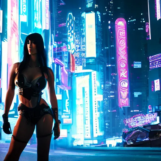 Image similar to cyberpunk megan fox, standing on a cyberpunk street at night, streets are lit with neon lights