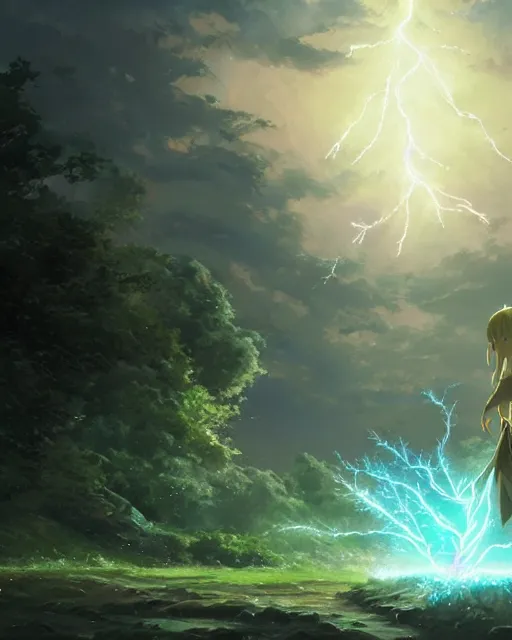 Image similar to concept art of a powerful elvish druid summoning a lightning storm, key visual, ambient lighting, highly detailed, digital painting, artstation, concept art, sharp focus, by makoto shinkai and akihiko yoshida and hidari and wlop