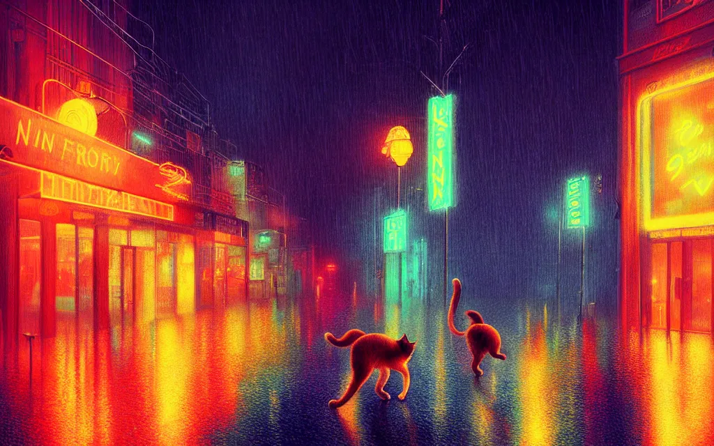 Image similar to cat running through heavy rain in a neon lit street at night by wlop, ultra detailed color art, high detail, digital art