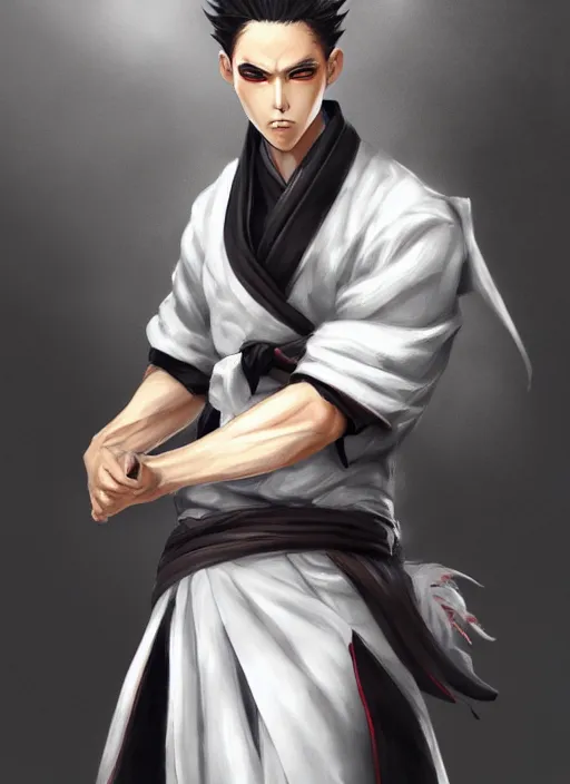 Prompt: a highly detailed illustration of fierce short white haired attractive young japanese man wearing white hakama, black sclera! eyes, dramatic pose, muscular, intricate, elegant, highly detailed, centered, digital painting, artstation, concept art, smooth, sharp focus, league of legends concept art, wlop