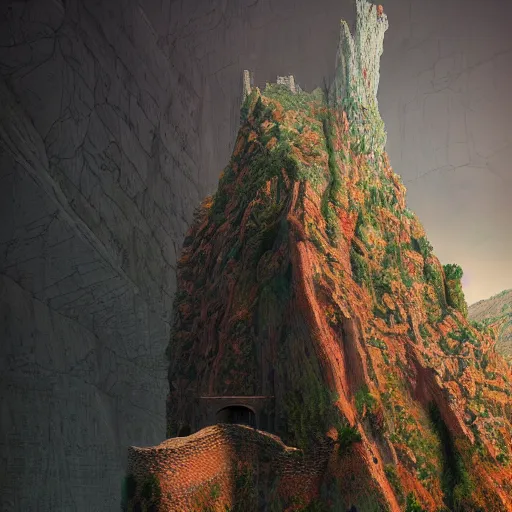 Prompt: a massive parametricmedieval castle on a cliff side above a canyon, by zdzislaw beksinski, by josip csoor, portrait, photorealistic, zaha hadid, volumetric lighting, horror, detailed, intricate, elden ring, raytrace, octane, crystal, mirror, cgscociety,