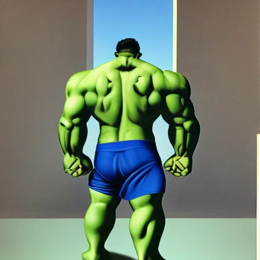 Image similar to the incredible-hulk is feeling weak by Raphael, Hopper, and Rene Magritte. detailed, romantic, enchanting, trending on artstation.