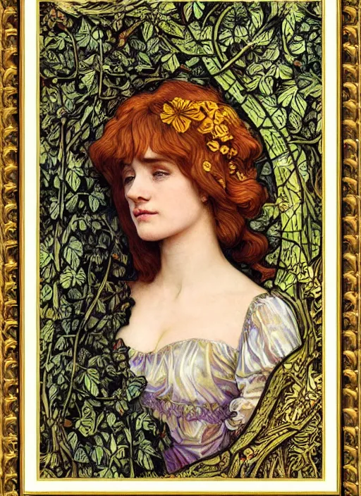 Prompt: masterpiece beautiful seductive flowing curves pose preraphaelite portrait photography, extreme closeup shot, straight bangs, thick set features, yellow ochre ornate medieval dress, mushroom forest arch, amongst foliage, william morris and kilian eng and mucha, framed, 4 k