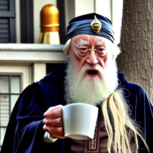 Image similar to Dumbledore sips coffee at Starbucks