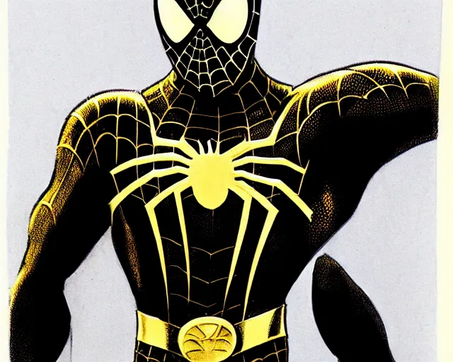 Image similar to photorealistic sketch of black spider - man with gold webbing by steve ditko