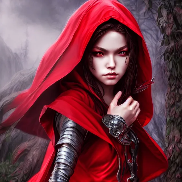 Prompt: beautiful!! red riding hood warrior artgerm highly detailed 8 k hdr smooth sharp focus high resolution award - winning photo photorealistic