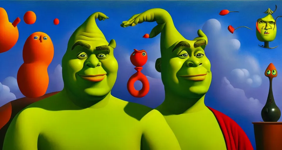 Image similar to a surrealist painting of shrek by alexandr archipenko and rene magritte and joan miro, 4 k, trending on artstation, detailed, film still