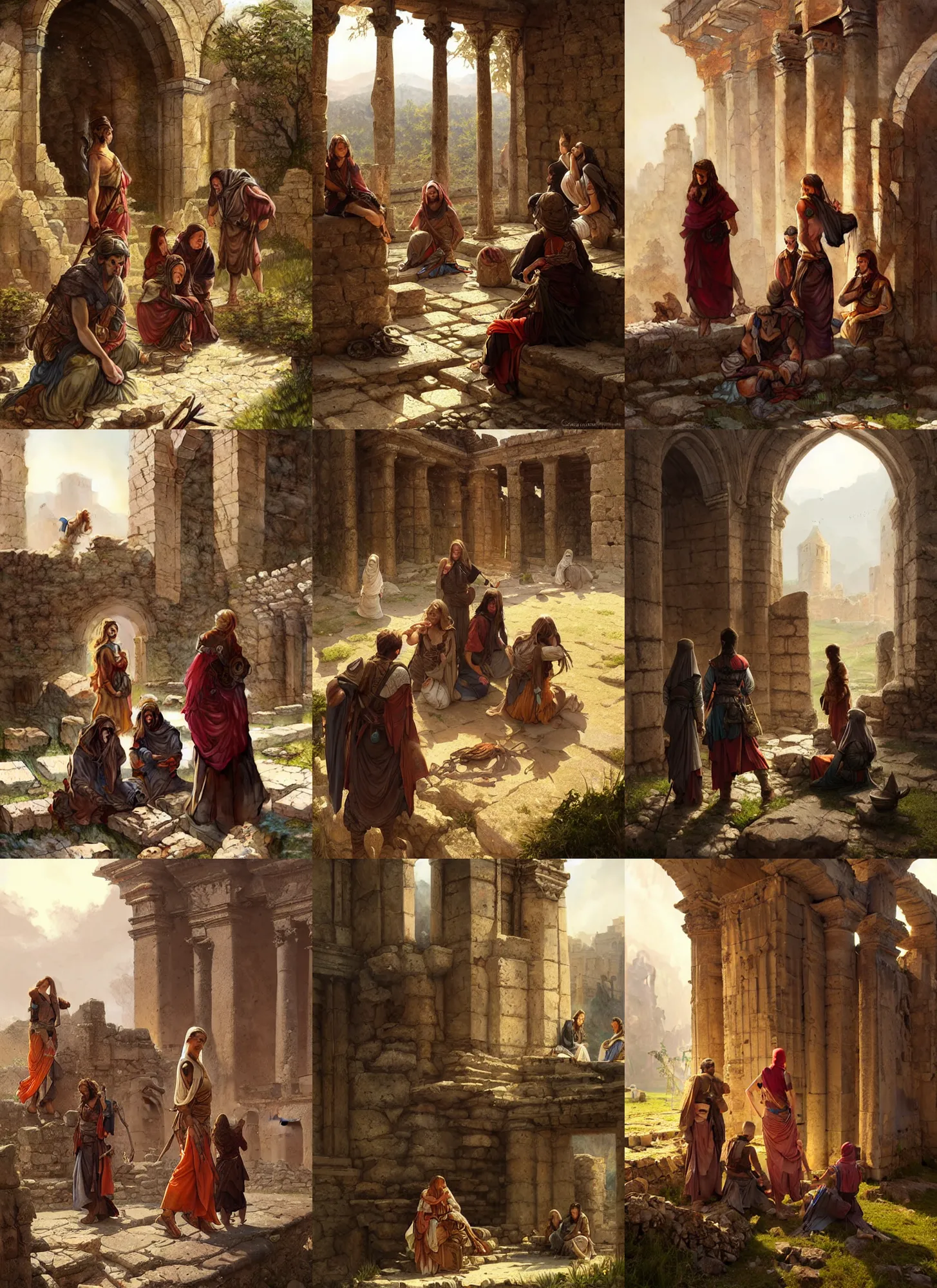 Prompt: small group of nomads staying at ancient ruins, emotional sad painting, very poor, medieval peasants, fantasy, cruel, dramatic lighting, intricate, wild, highly detailed, digital painting, artstation, concept art, smooth, sharp focus, illustration, art by artgerm and greg rutkowski and alphonse mucha