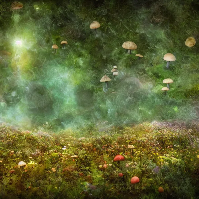 Image similar to a planet of various fungus, mushrooms, flowers and plants, inside the picture is infinity, Atmospheric, artistic photography, conceptual, long exposure outside the city, volumetric light