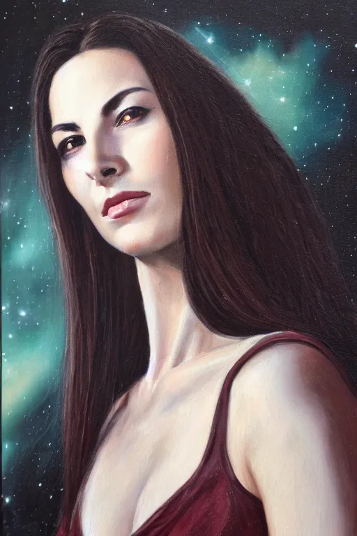 Image similar to hyperrealism oil painting, close - up portrait of carole bouquet medieval brunette vampire fashion model, knight, steel gradient mixed with nebula sky, in style of baroque