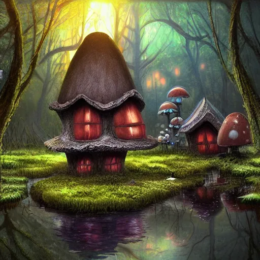 Image similar to mushroom house in a swamp, mystical, digital art, extremely detailed, oil painting, epic atmosphere, sense of scale, disney animation