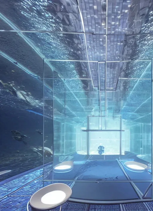 Prompt: a futuristic sci - fi underwater chamber with mirrored walls