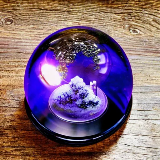 Prompt: a snowglobe sitting on a wooden table. inside the snowglobe is a purple submarine