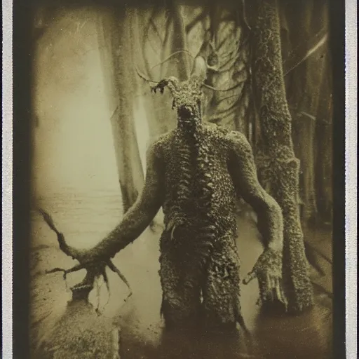 Image similar to creepy lovecraftian monster in swamp, 1910 Polaroid photo