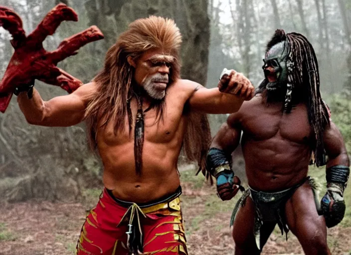 Image similar to the ultimate warrior fighting the predator, movie still, from the new predator movie, 8 k, realistic