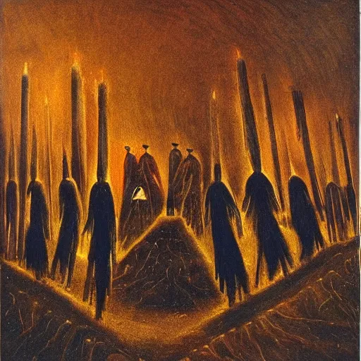 Prompt: A A Holy Week procession of souls in a Spanish landscape at night by Remedios Varo.