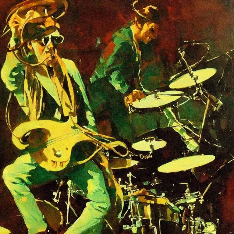 Image similar to a beautiful painting by mead schaeffer of an octopus playing drums and telecaster guitar in a rock concert, dark background, green concert light, dark mood