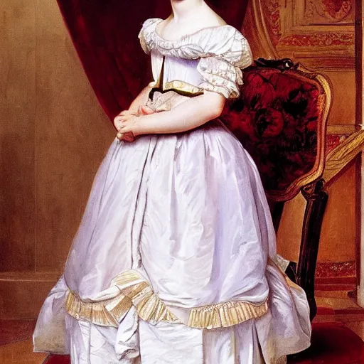 Image similar to full body portrait of a young german princess standing by a chair by Franz Xaver Winterhalter and Andreas Herman Hunæus painted in the 1900s, romanticism, vivid, fancy, beautiful, rococo, coherent