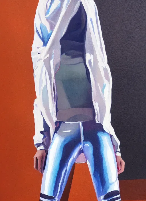 Prompt: a painting of a girl wearing a chloma designed anorak with skinny legs and futuristic leggings