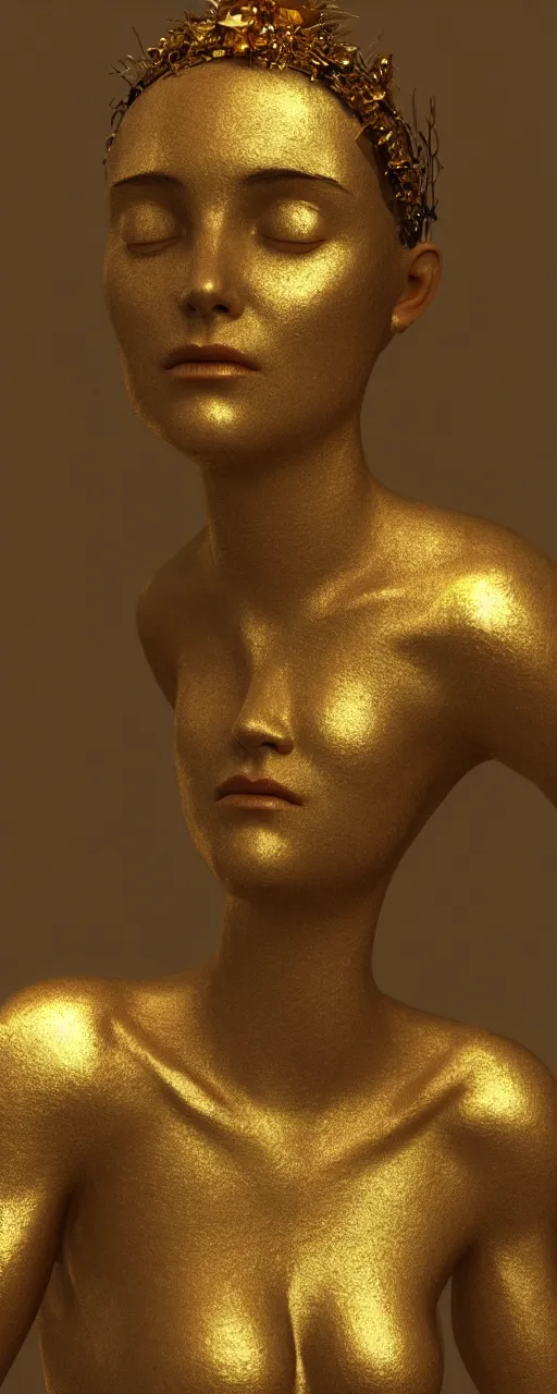 Image similar to portrait photo of a goddess, Gold raining in background, cinematic lighting, ultra super good realistic 3D render by Pete Morbacher and Emil Melmoth, insanely detailed, trending on artstation, sharp focus