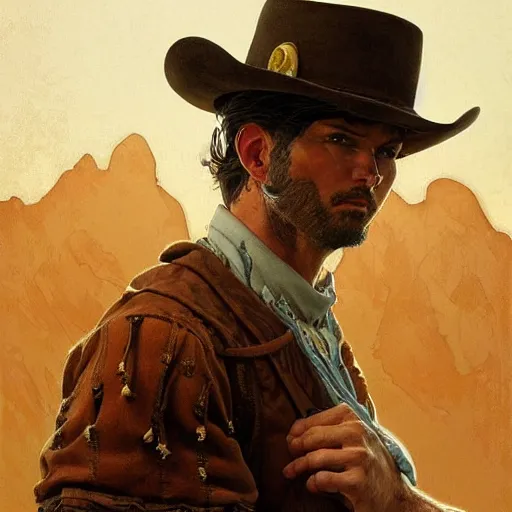 Image similar to a man, cowboy hat, portrait, wild west, fantasy, highly detailed, digital painting, artstation, concept art, sharp focus, illustration, art by J. C. Leyendecker and norman rockwell and artgerm and greg rutkowski and alphonse mucha