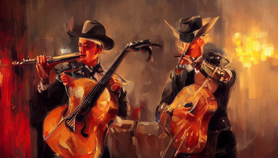 Image similar to mariachi, cinematic shot, concept art oil painting by jama jurabaev, extremely detailed, brush hard, artstation, high quality, brush stroke